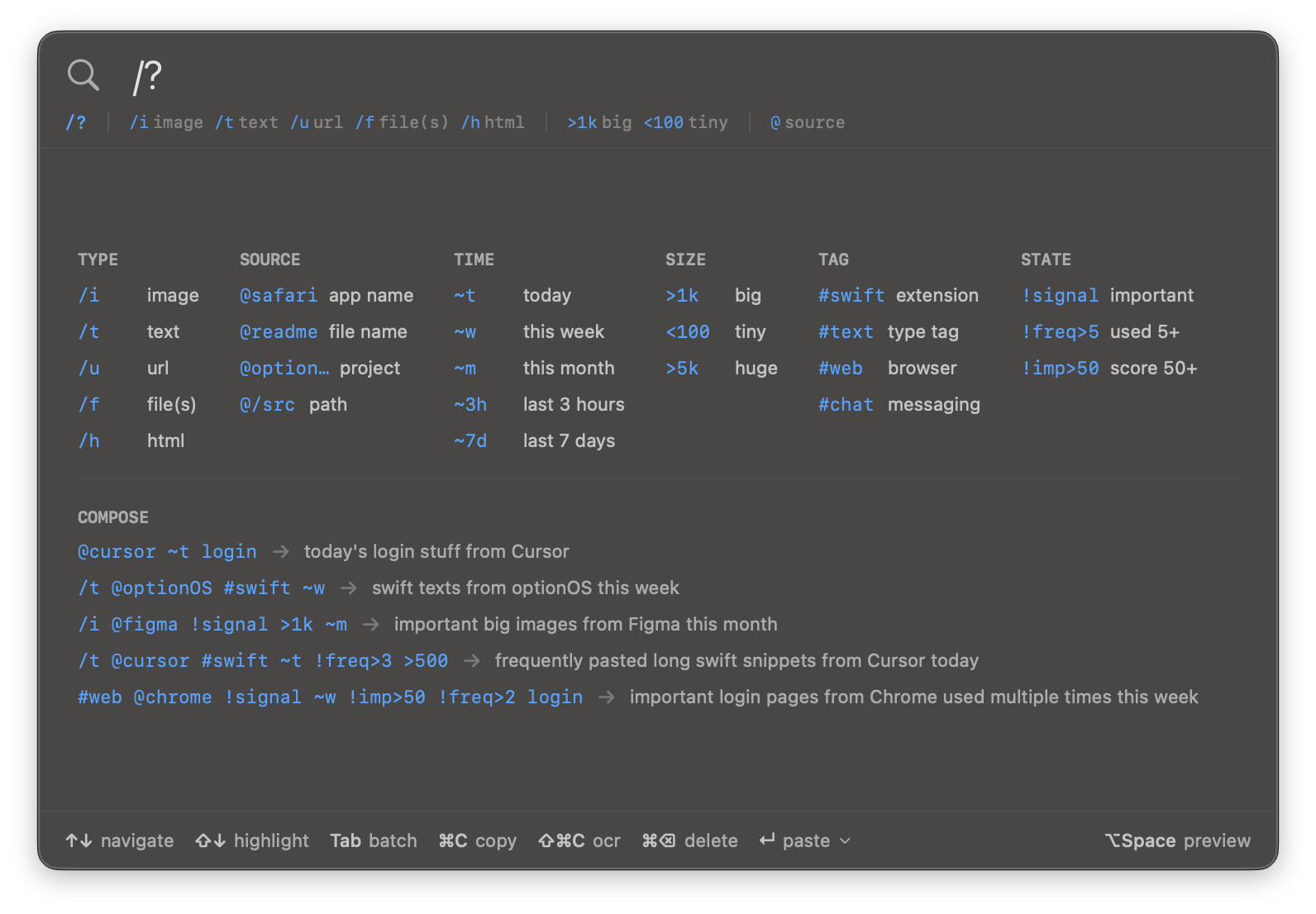 Clipboard arama dili — TYPE, SOURCE, TIME, SIZE, TAG, STATE ve örnek sorgular