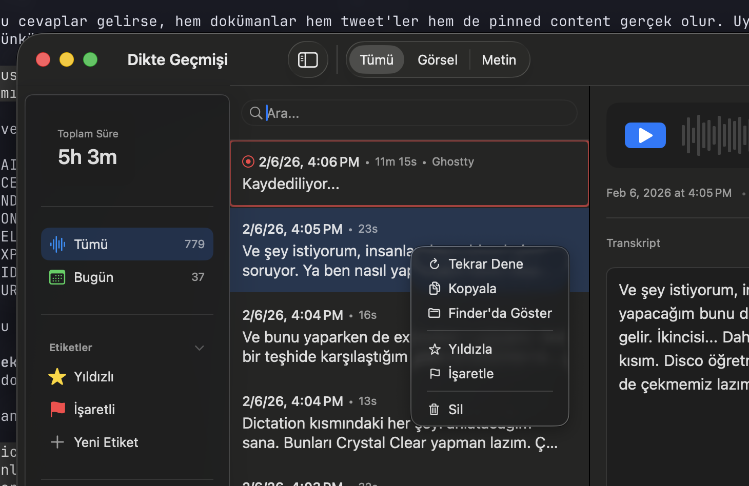 Sağ tıkla — Tekrar Dene, Kopyala, Finder'da Göster, Yıldızla, İşaretle, Sil