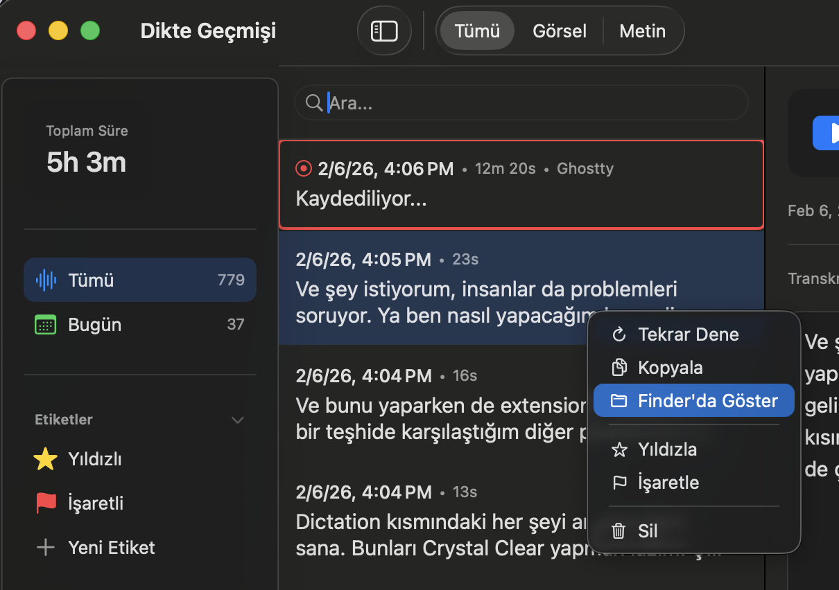 Finder'da Göster — ses dosyasına doğrudan eriş