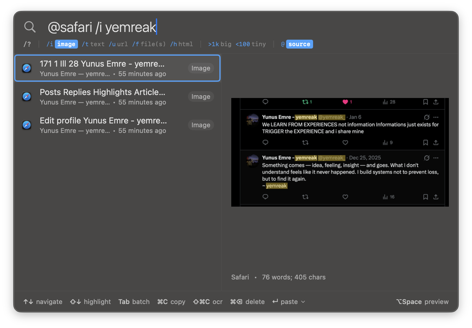 OCR ile resim içinde metin arama — Safari'den kopyalanan screenshot'larda 'yemreak' aranıyor