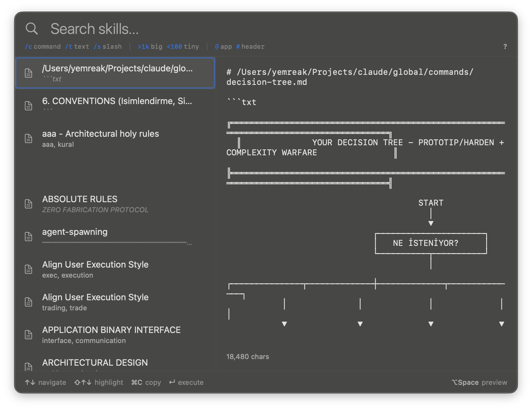 Skills arama — dokümanlar listesi, preview ile içeriği gör, keyword'lere göre filtrele